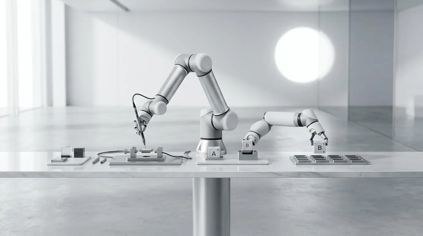 Robotic arms performing multi-step tasks for autonomous agents with Cohere Command Enterprise.