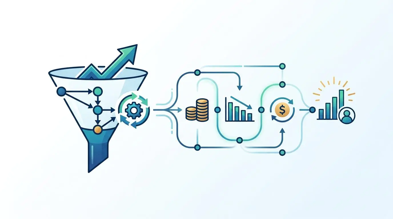 SEO lead conversion funnel shows automated cost metrics and revenue growth.