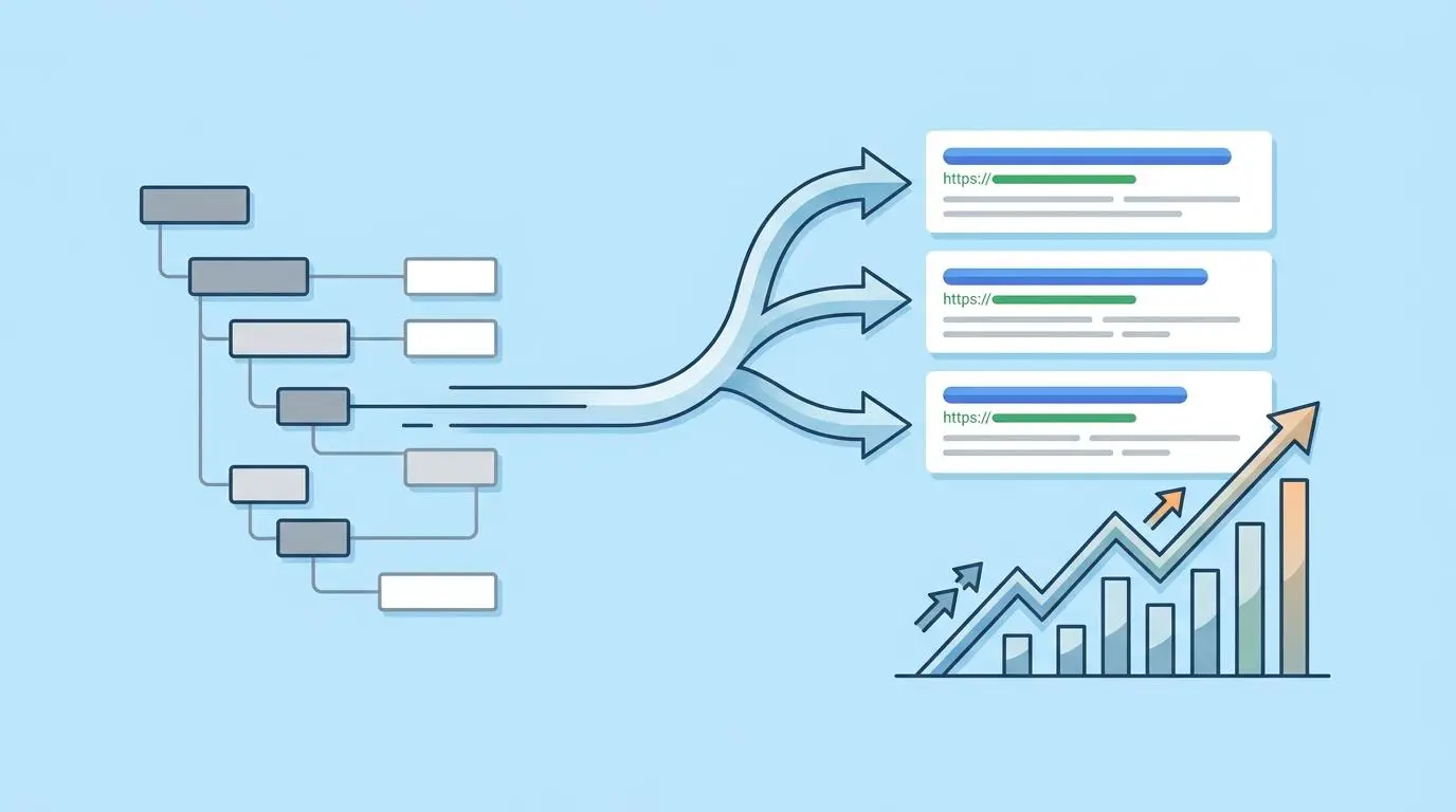 Schema markup for organic search traffic showing data flow to search results and growth metrics.