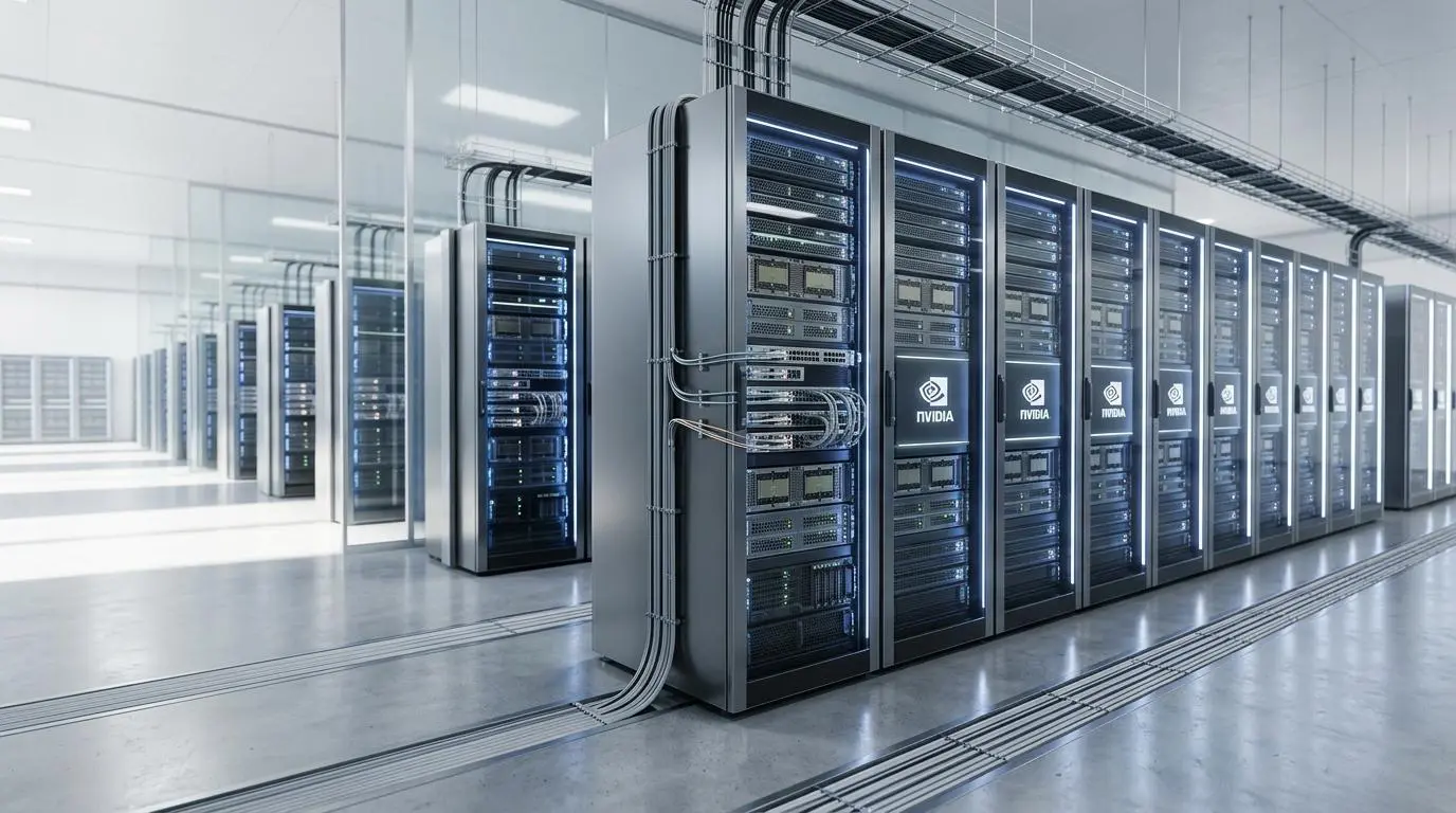 Scalable enterprise AI infrastructure hardware architecture in a modern data center, supporting Google DeepMind research innovations.