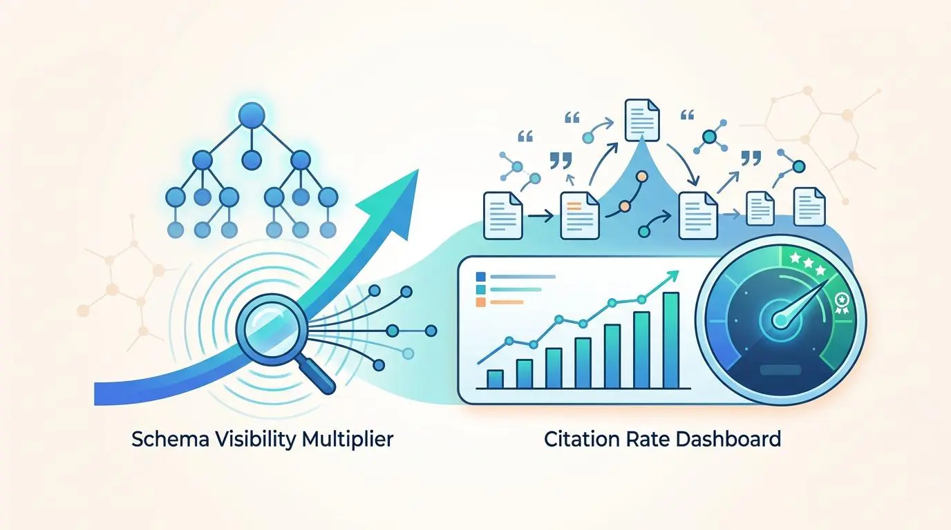 Schema visibility multiplier and citation rate dashboard showing AI content creation impact on GEO.