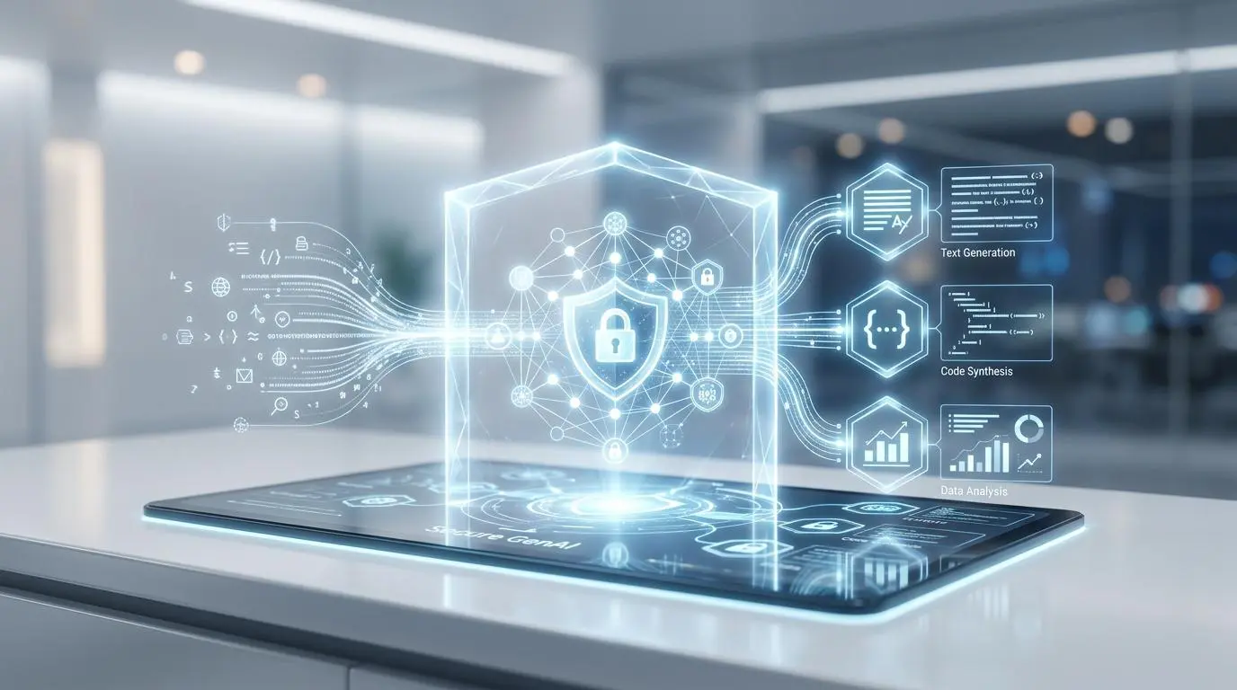 Enterprise secure generative AI platform with shield and data streams for text, code, and analysis.