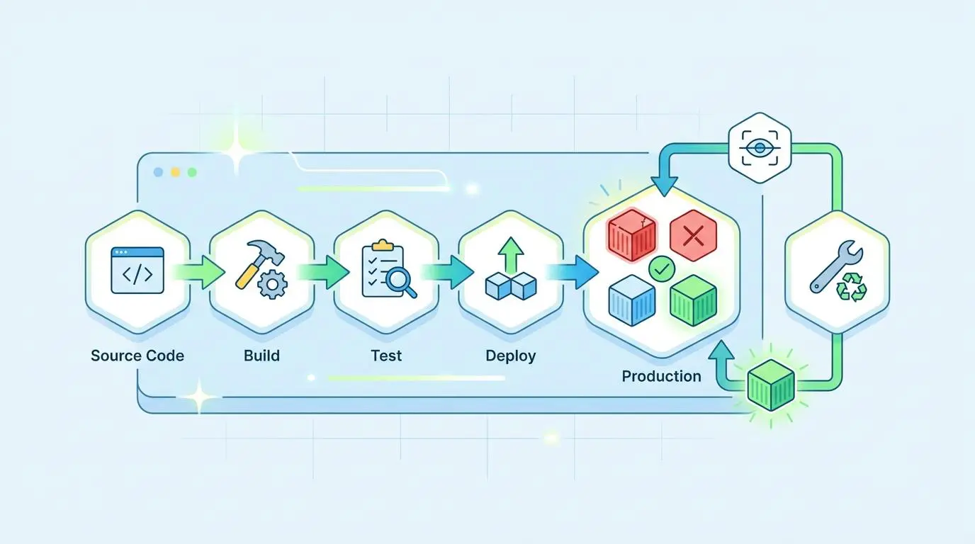 Automated container pipeline with self-healing infrastructure scanning Docker builds in CI/CD.