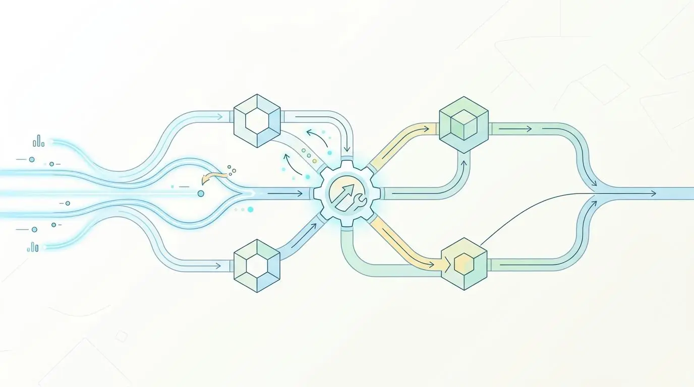 Abstract visualization of integrated self-healing business automation pipelines aiding students with AI tools for business careers.