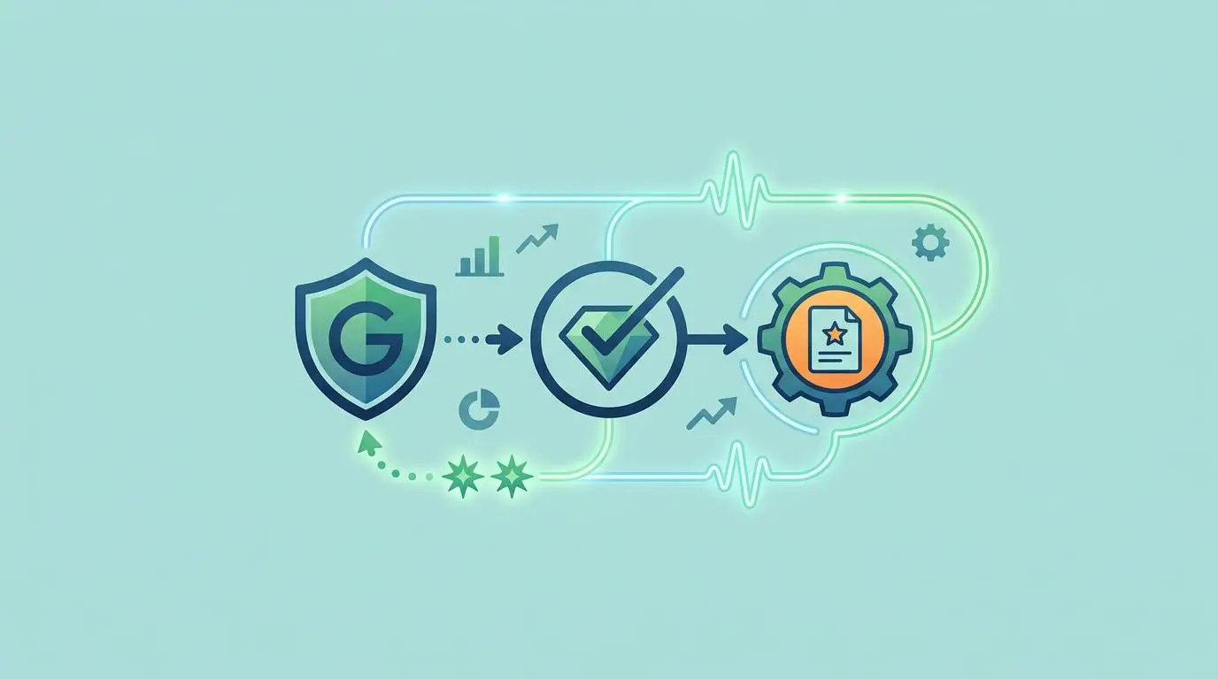 Iconography representing self-healing GRC frameworks, showing a shield, checkmark, and gear for centralized GRC automation.