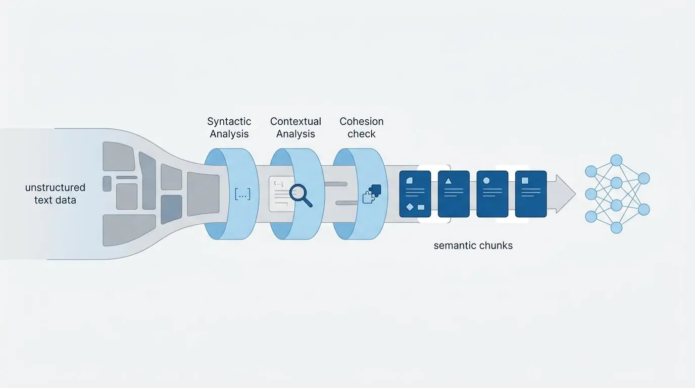 Semantic chunking for RAG in GEO: Unstructured text data undergoes syntactic, contextual analysis, and cohesion checks to form semantic chunks.