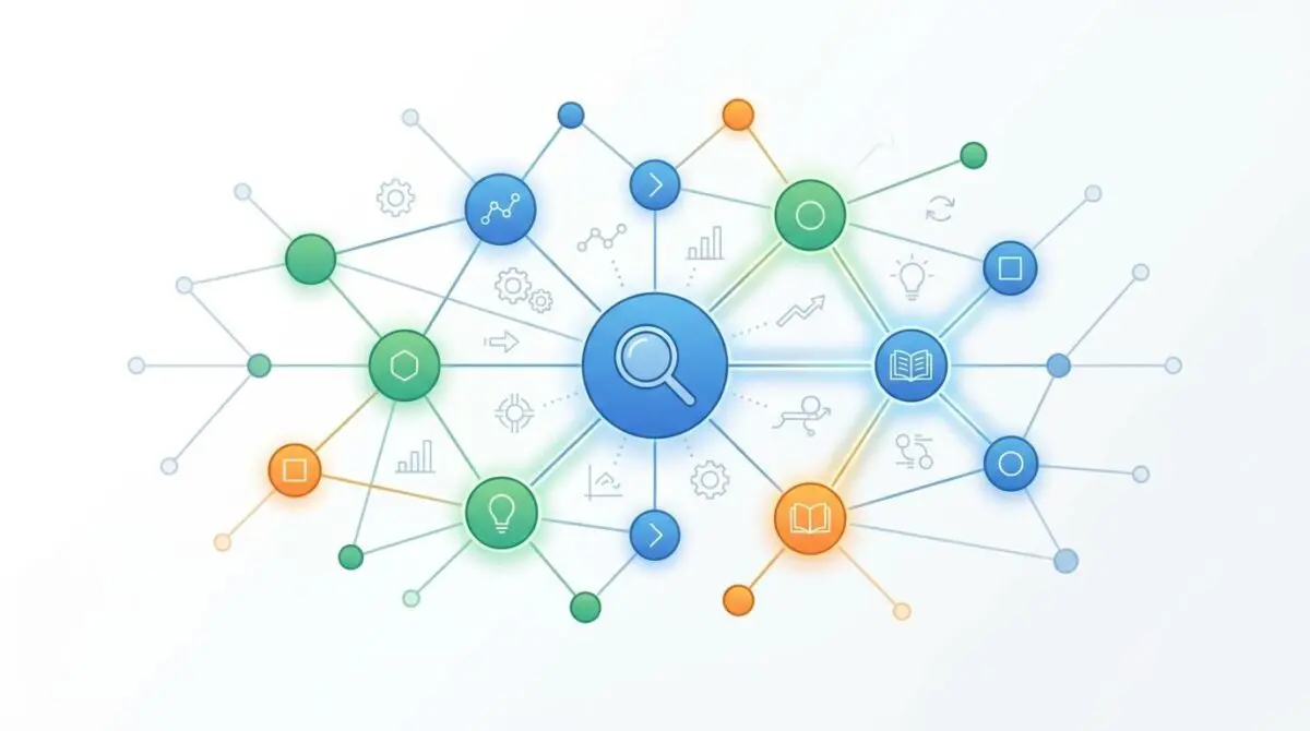 Digital network illustrating semantic context in GEO search with a central magnifying glass.