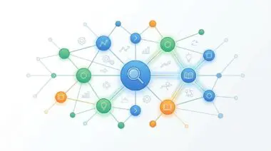 Digital network illustrating semantic context in GEO search with a central magnifying glass.
