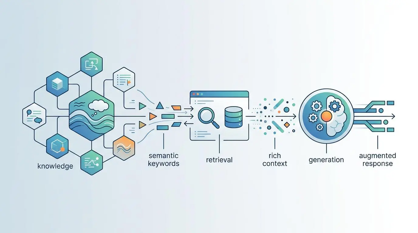 Illustration of semantic keyword injection for AI generation, detailing knowledge, retrieval, and augmented response.