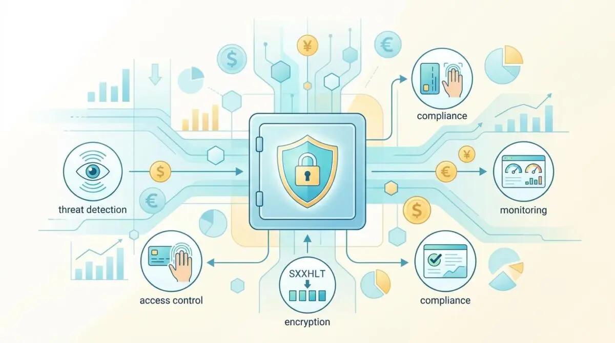 Secured safe with icons for threat detection, access control, and monitoring, illustrating challenges of working with sensitive financial data.