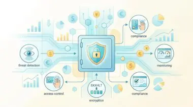 Secured safe with icons for threat detection, access control, and monitoring, illustrating challenges of working with sensitive financial data.