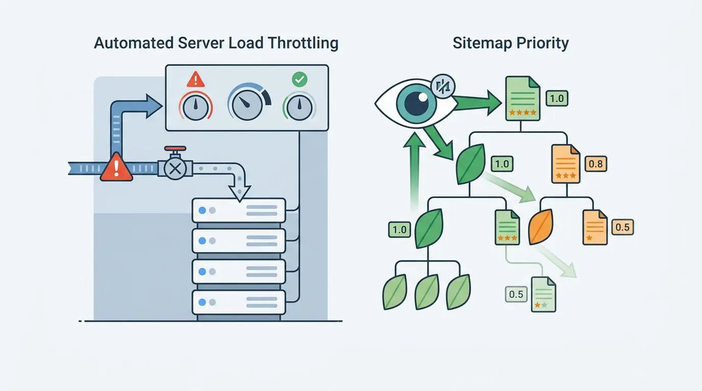 Automated server load throttling and sitemap priority for SEO, related to bulk URL inspection API. By Andres SEO Expert.