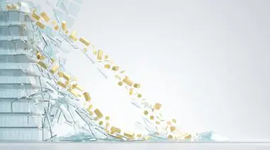Billionaire net worth collapse visualization: shattered glass skyscraper with falling gold bars and coins.