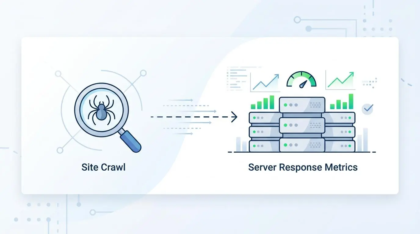 Site crawl data flowing into server response metrics dashboard for dynamic crypto site links.