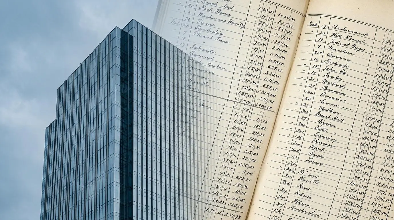 Collage of a modern skyscraper overlaid with an antique financial ledger, symbolizing business books that built fortunes.