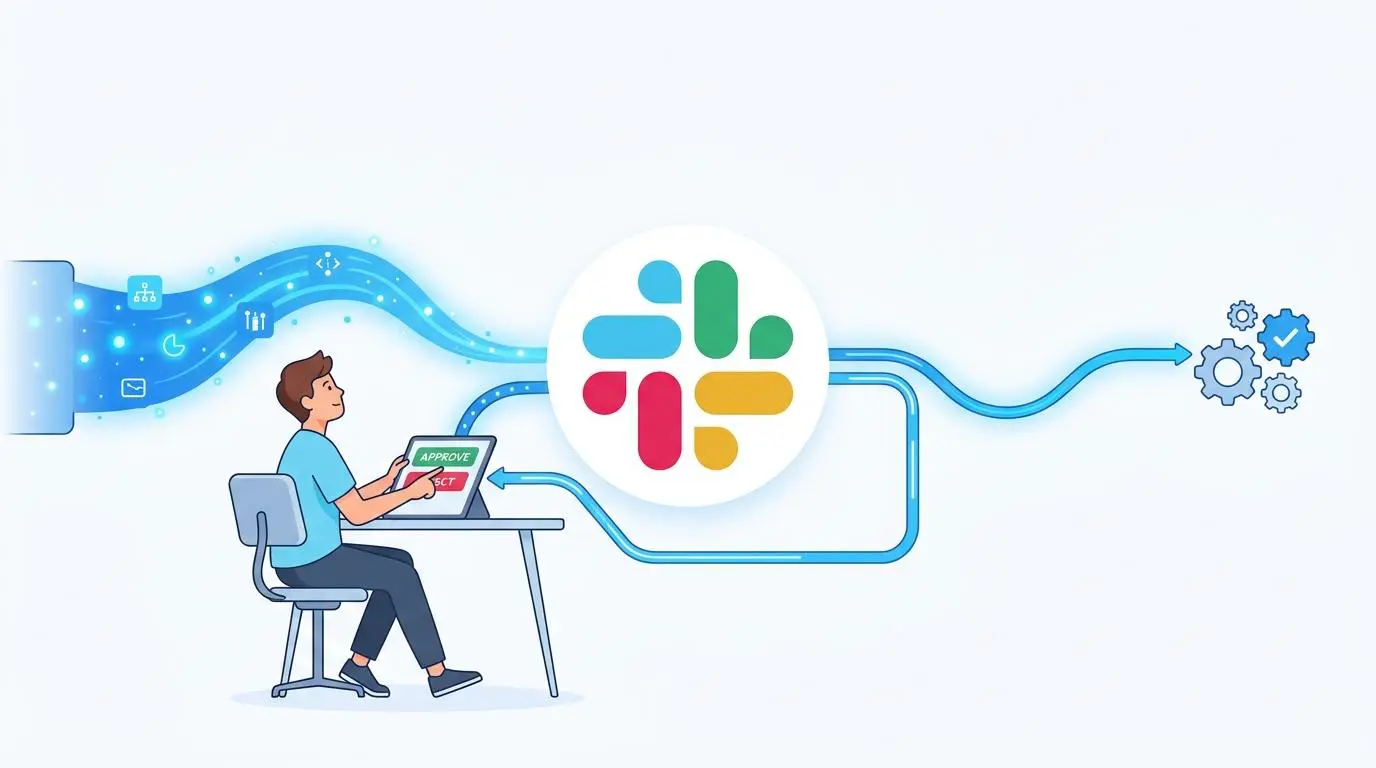 Person approving onboarding workflows in Slack for instant automated deployment.