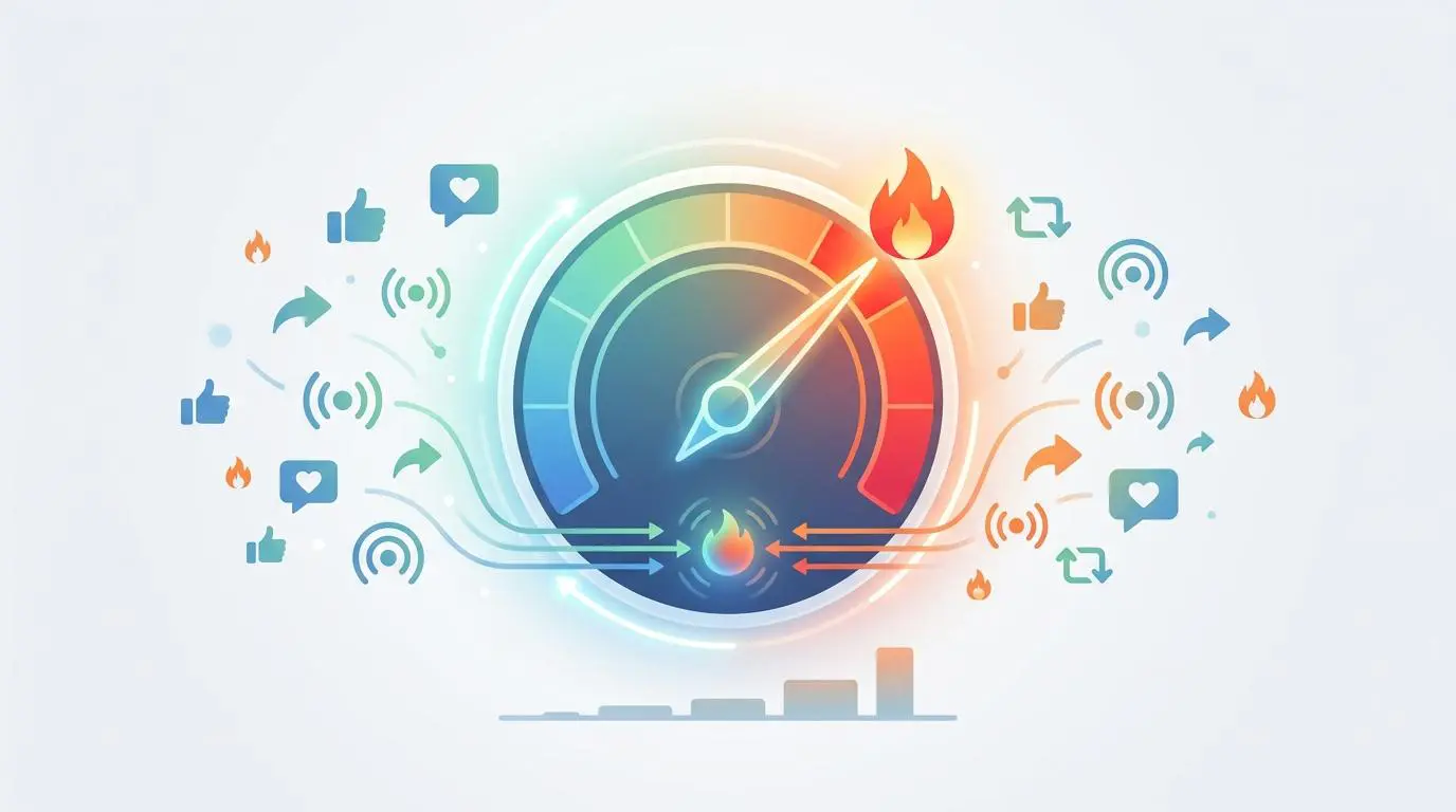 Real-time social signal virality scoring for automated video repurposing, showing a gauge at high activity.