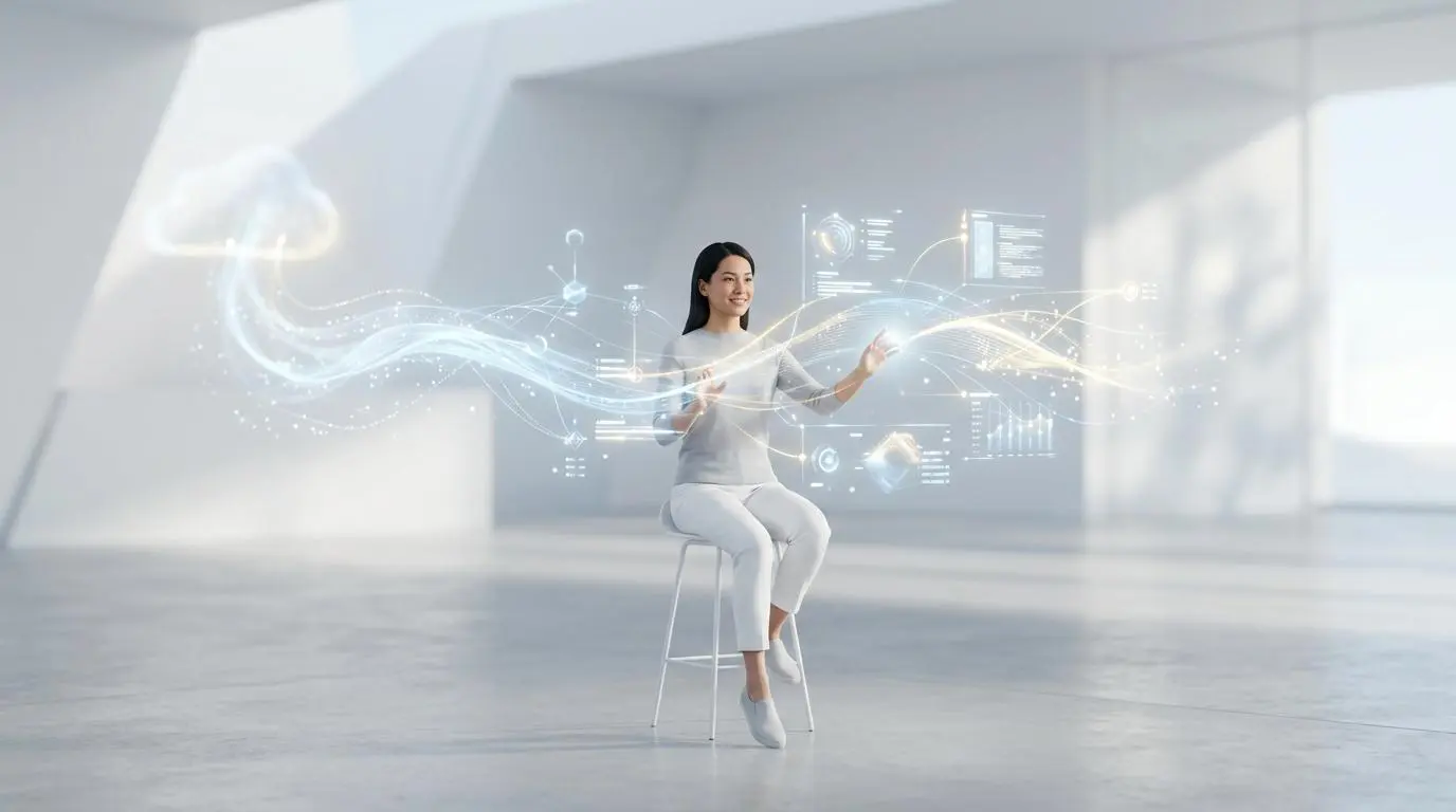 Woman interacting with zero head spatial computing data streams, illustrating CMS differences.