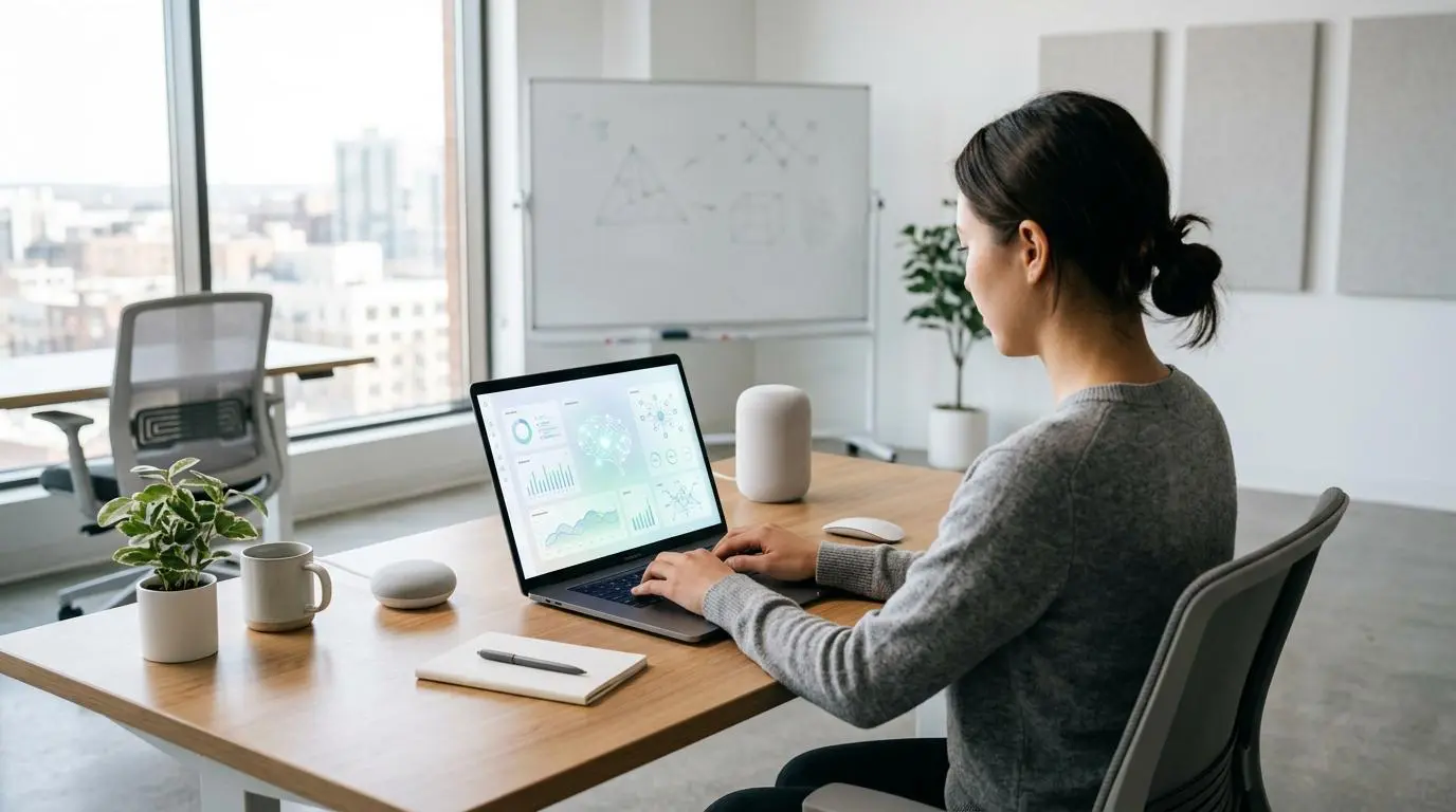 Woman using laptop with AI analytics for Baidu Ernie Bot Platform in startup office