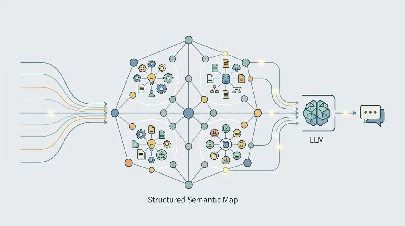 Structured semantic map feeding data into an LLM for AI crawler llms.txt generation.