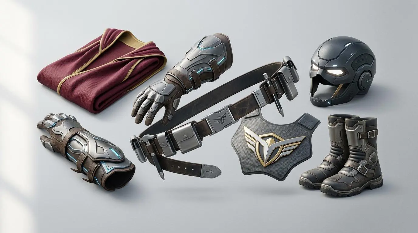 Collage of superhero gear: crimson cape, armored gauntlets, utility belt, chest emblem, helmet, and boots. Richest Fictional Characters.