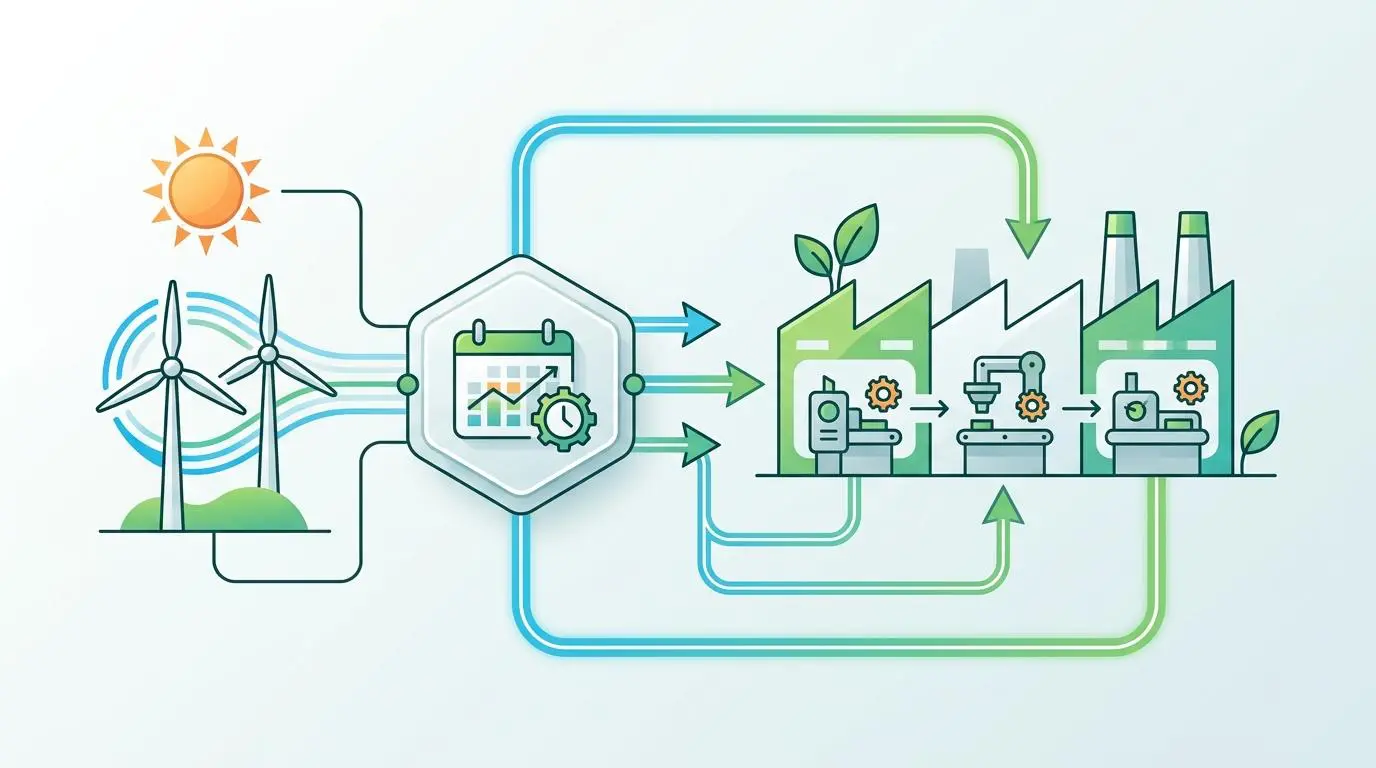 Energy cognizant scheduling for sustainable factory ecosystems shows wind turbines and sun powering dynamic scheduling for production runs.