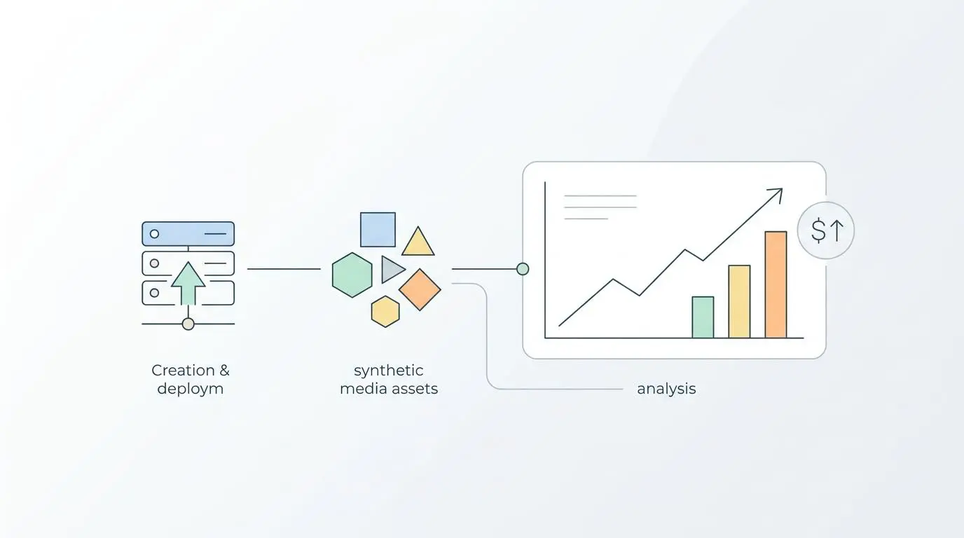 Process flow for AI tools: creation, synthetic media assets, and analysis for content creators.