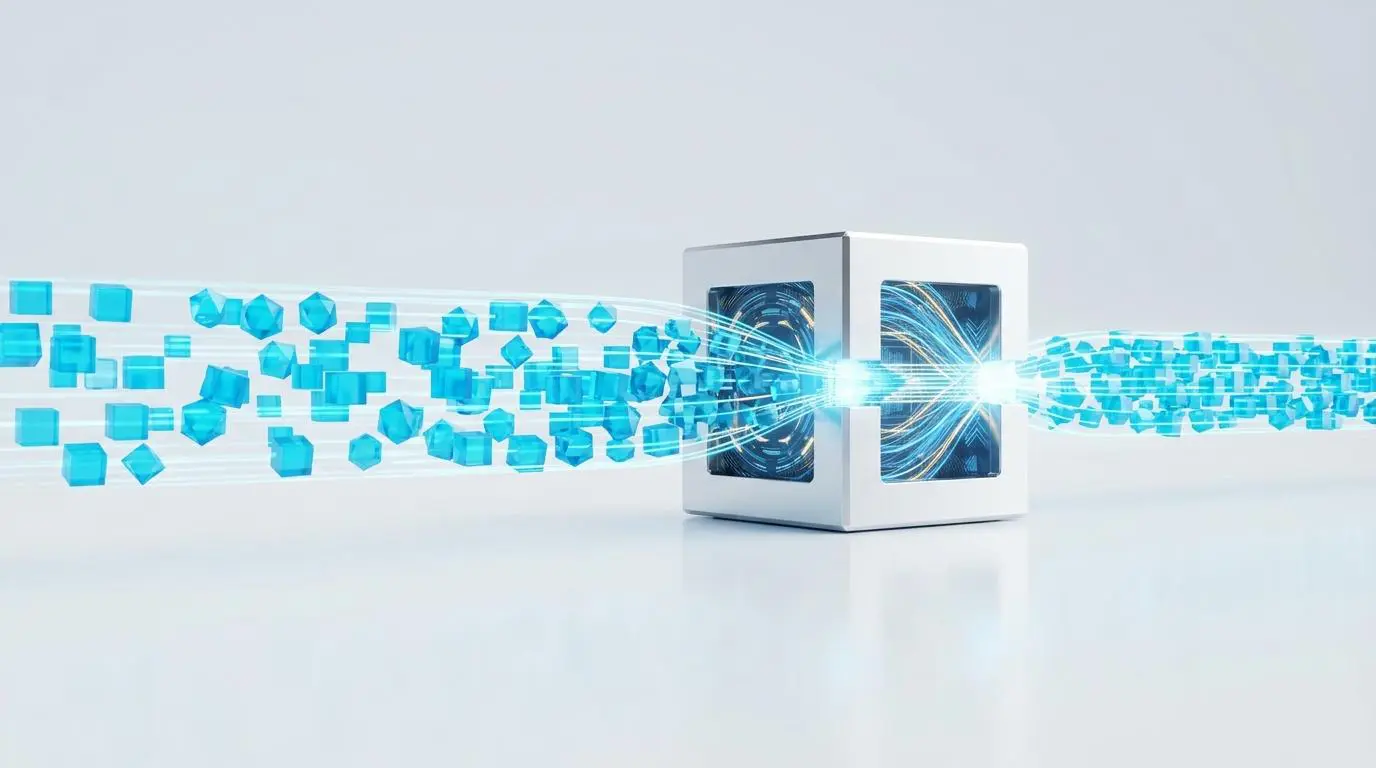 Google DeepMind TPU throughput: blue cubes flow into and out of a powerful compute unit.