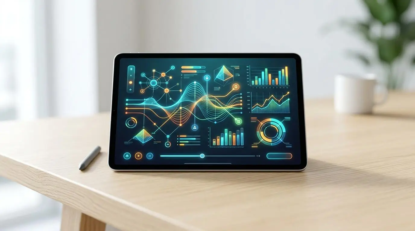 Digital tablet displaying interactive data visualizations for thought-leadership article insights.