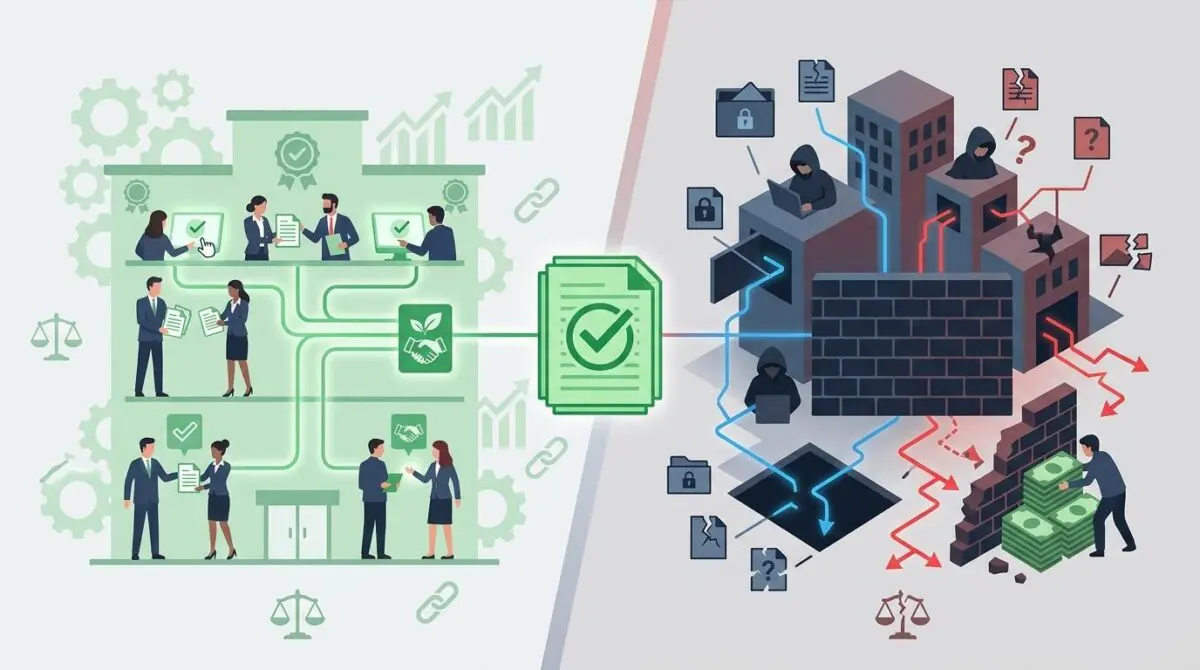 Illustration showing corporate tax compliance on left and illegal evasion strategy with hackers on right. The difference between tax avoidance and tax evasion.