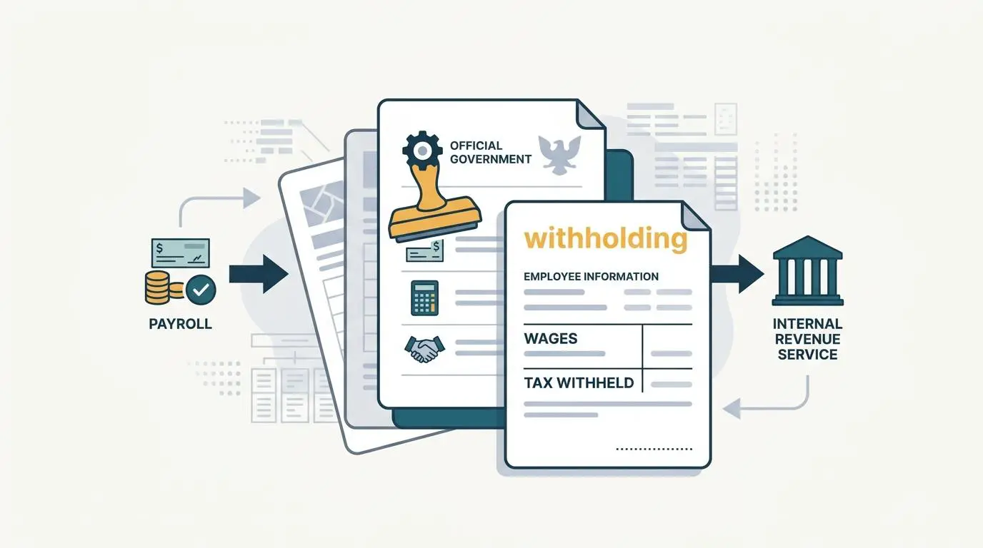 Tax withholding documentation and government forms related to payroll and IRS.
