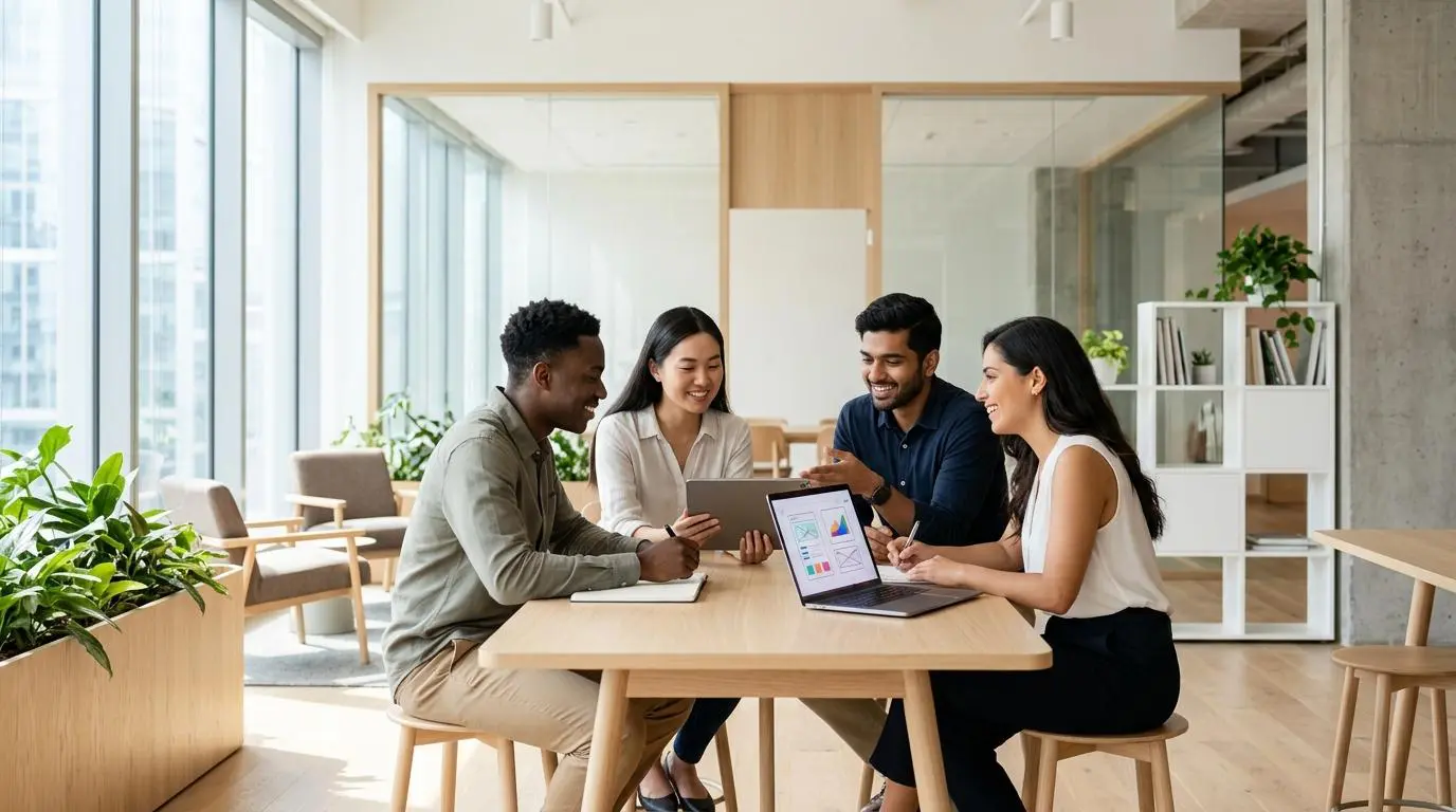 Diverse team collaborating on a laptop, deciphering corporate-speak insights.