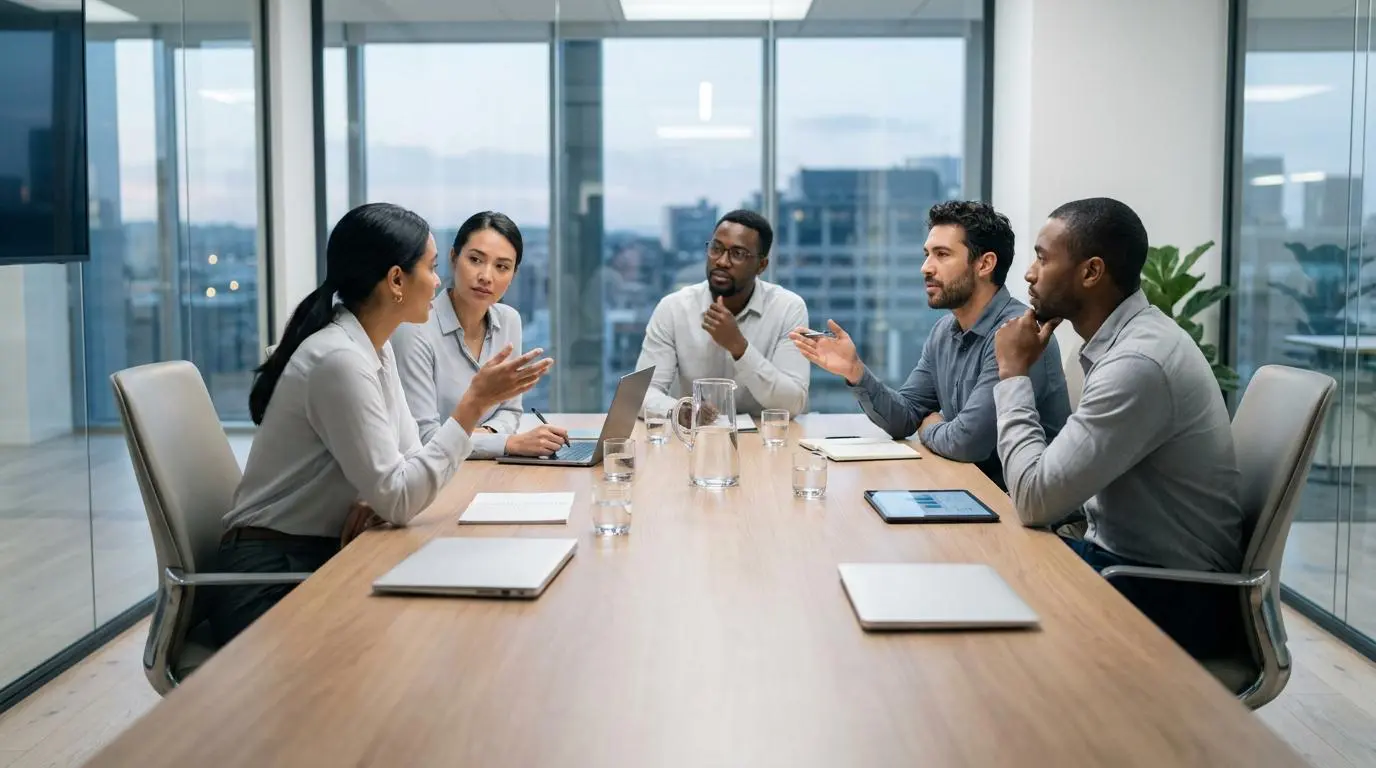 Diverse team collaborating on the future of CX management in a modern boardroom.