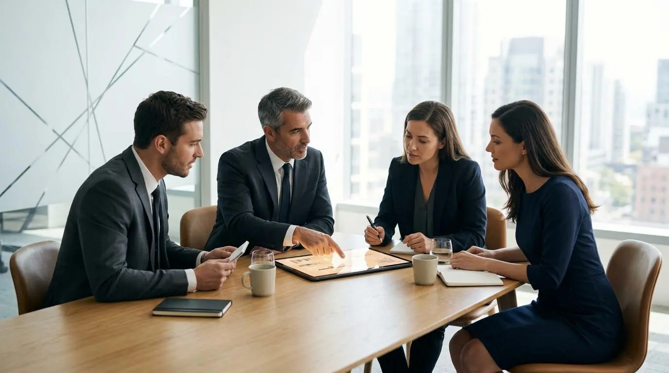 Corporate team discusses strategic plan, addressing the ethics of dynamic pricing models.