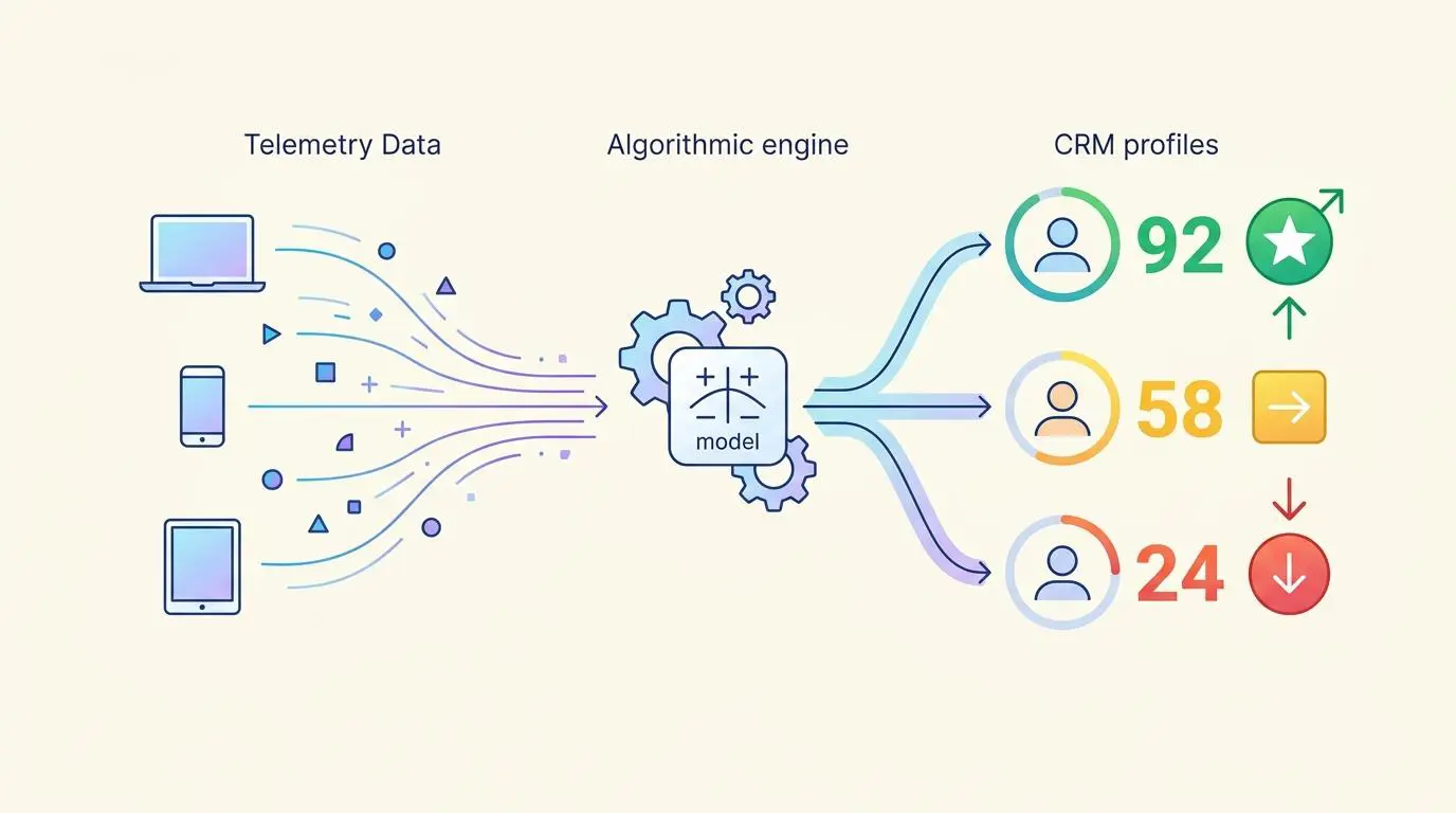 Diagram showing telemetry data feeding an algorithmic engine for real-time CRM lead scoring.