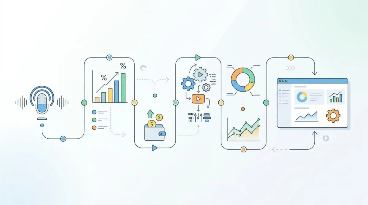 Illustration of podcasting workflow with FinTech analytics tools for podcasters.