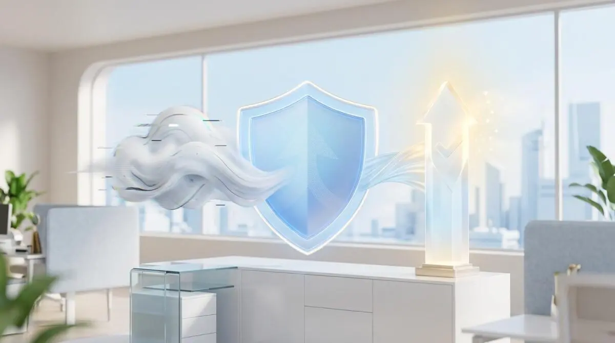Cloud with digital distortion protected by a shield, symbolizing AI brand hallucinations and brand integrity.
