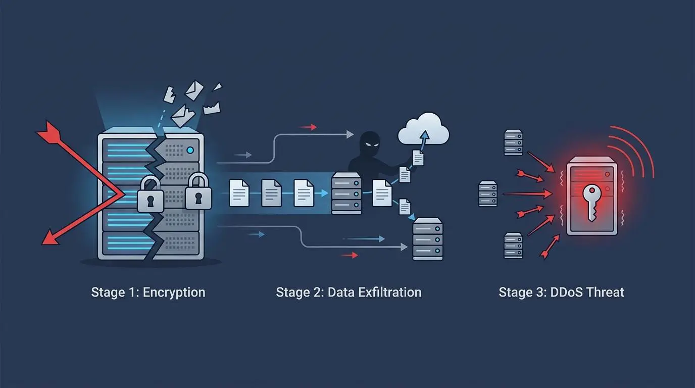 Illustrating triple extortion ransomware: encryption, data exfiltration, and DDoS threat stages.
