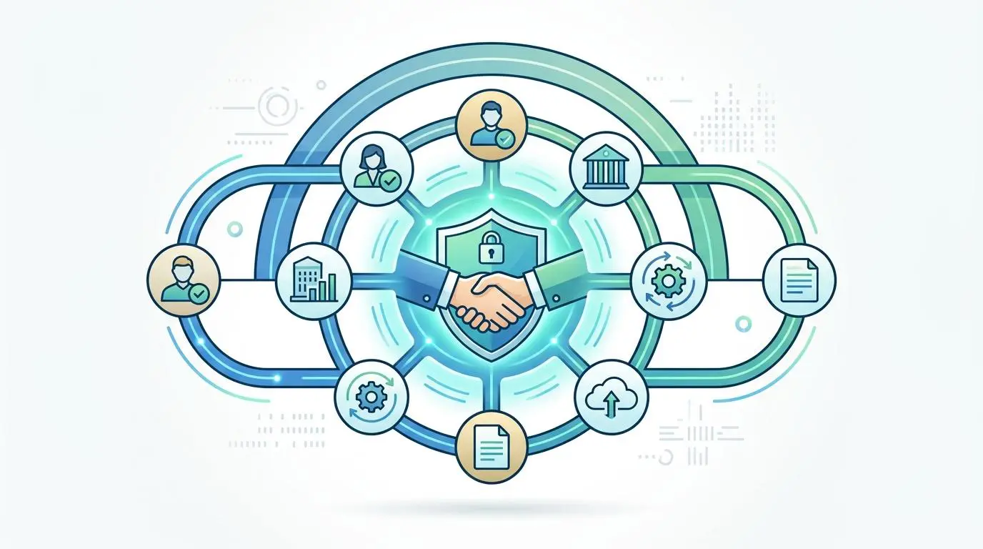 Trusted exchange framework and common agreement for EHR EMR systems, symbolizing secure data sharing.