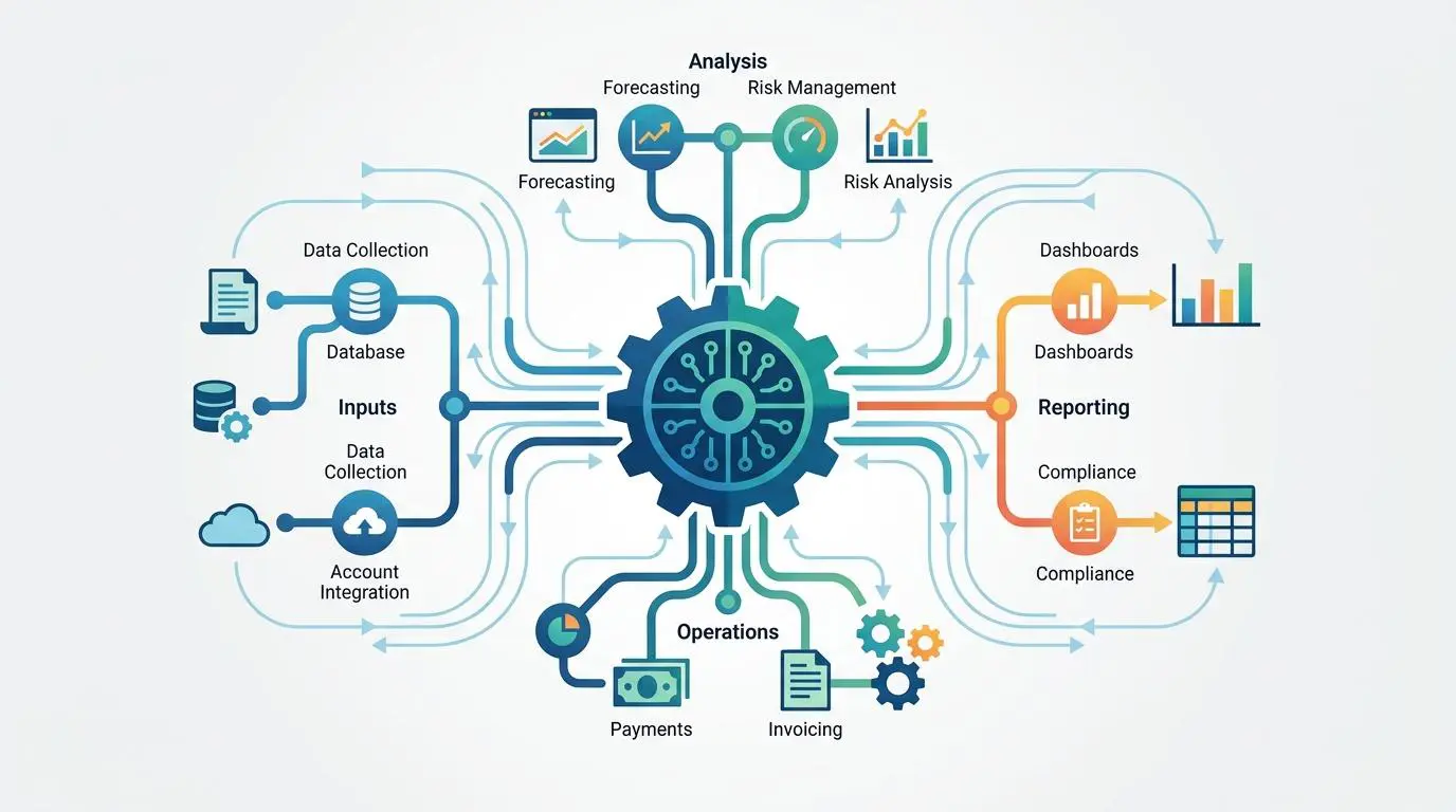 Diagram of a unified financial operating system architecture, illustrating inputs and outputs for analysis, reporting, and operations for FinTech unicorns.