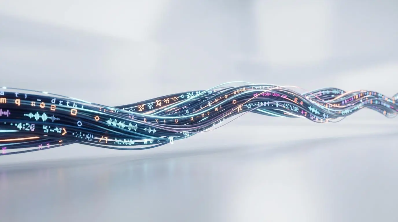 Abstract visualization of a unified multimodal token stream for generative AI, reflecting Meta's FAIR open source strategy.