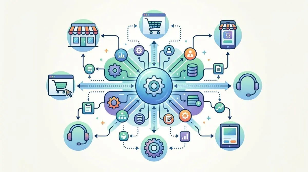 Architecture diagram of a unified omnichannel retail management system connecting various channels.