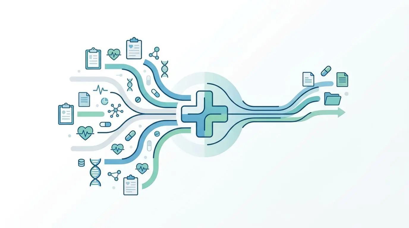 Diagram illustrating unified patient portals for EHR/EMR systems, showing data flow towards a central cross.