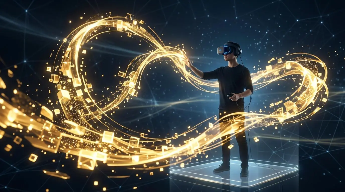 Man in VR headset interacting with abstract digital gold and cubes in virtual reality, representing richest fictional characters.