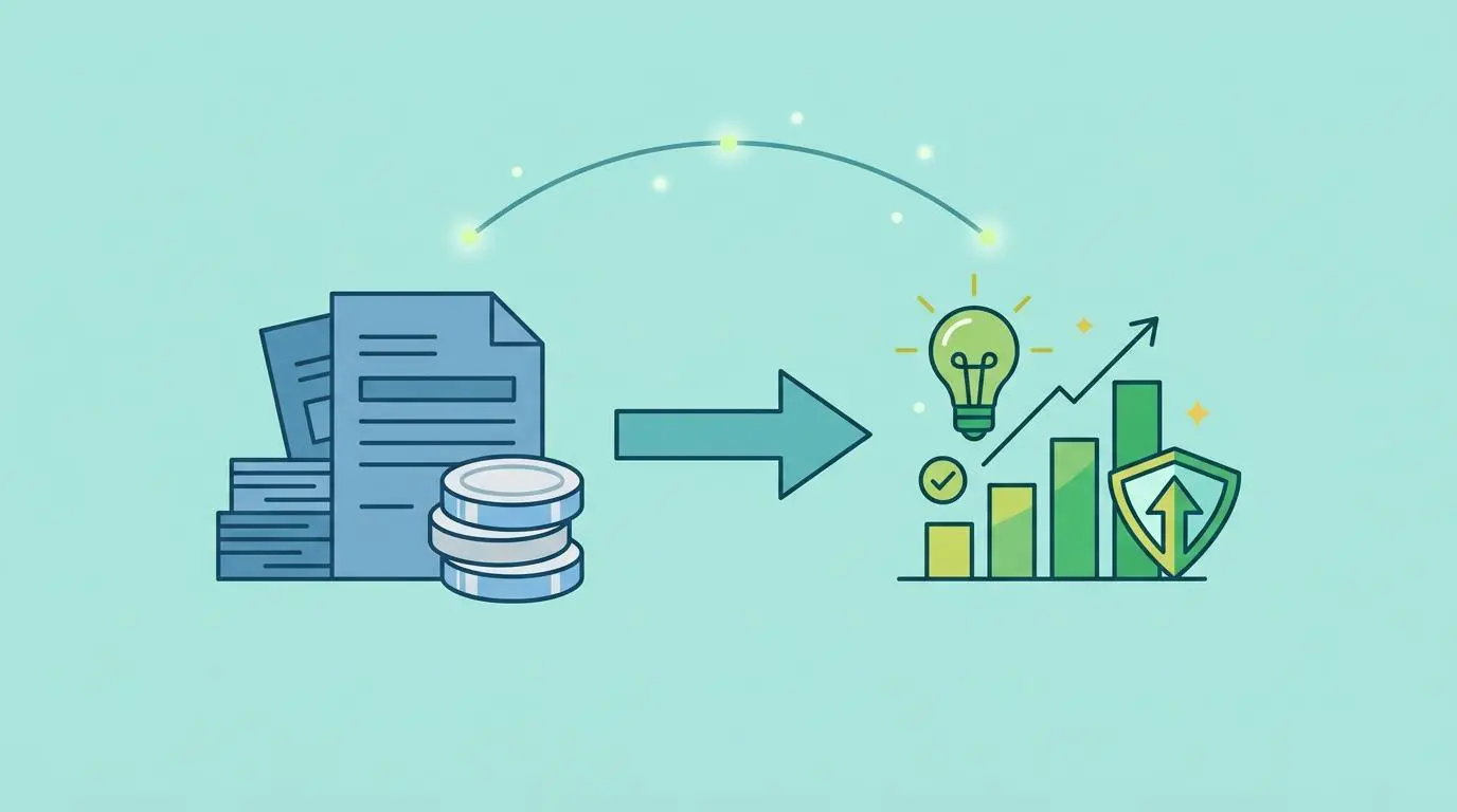 Illustrates transition from stacked documents and coins to growth charts, lightbulb, and shield, symbolizing value-based flat fee billing for small law firms.
