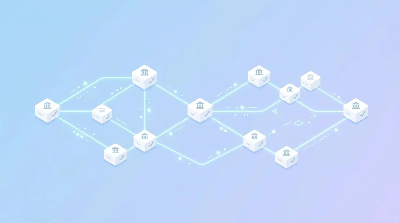 Digital network of verified brand entity profiles, illustrating data structuring for AI search.