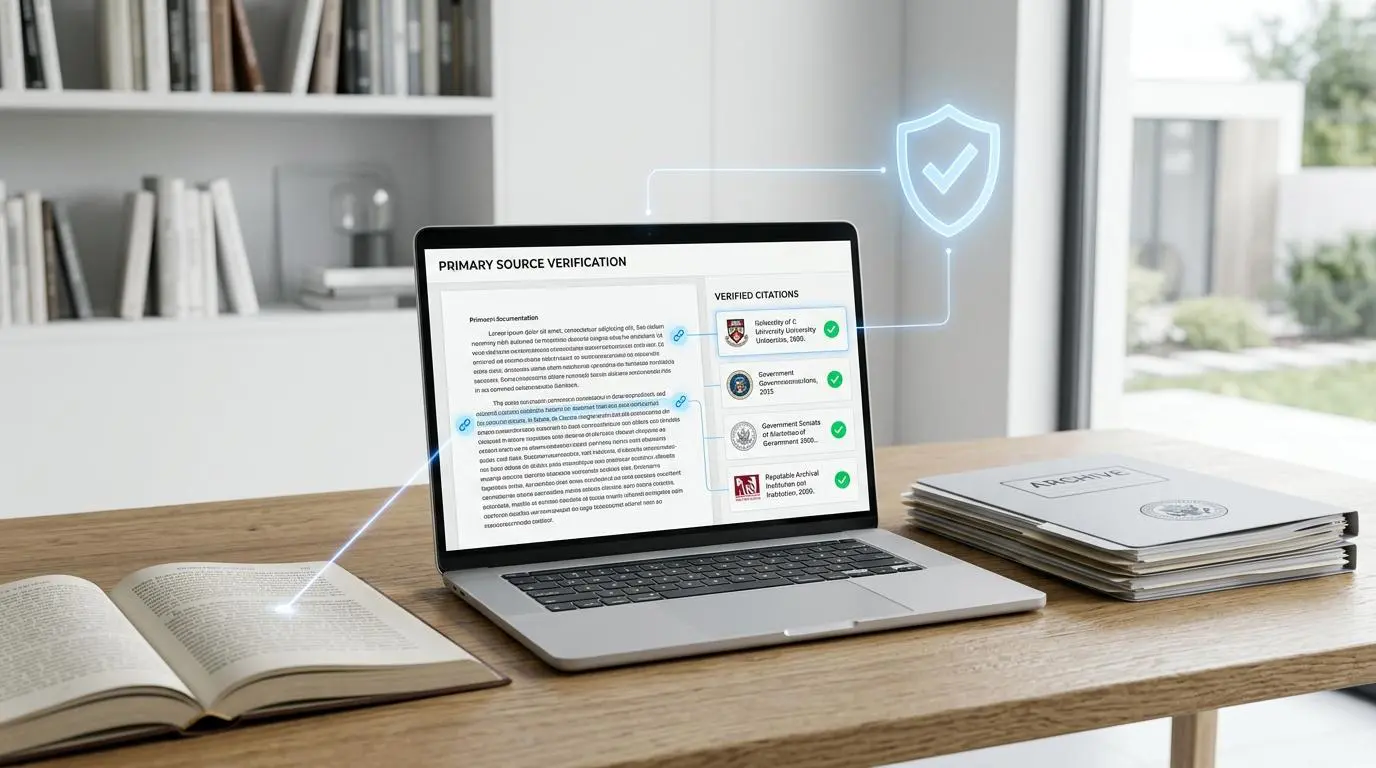 Laptop displaying verified citations and primary source documentation for tracking brand mentions across AI platforms.