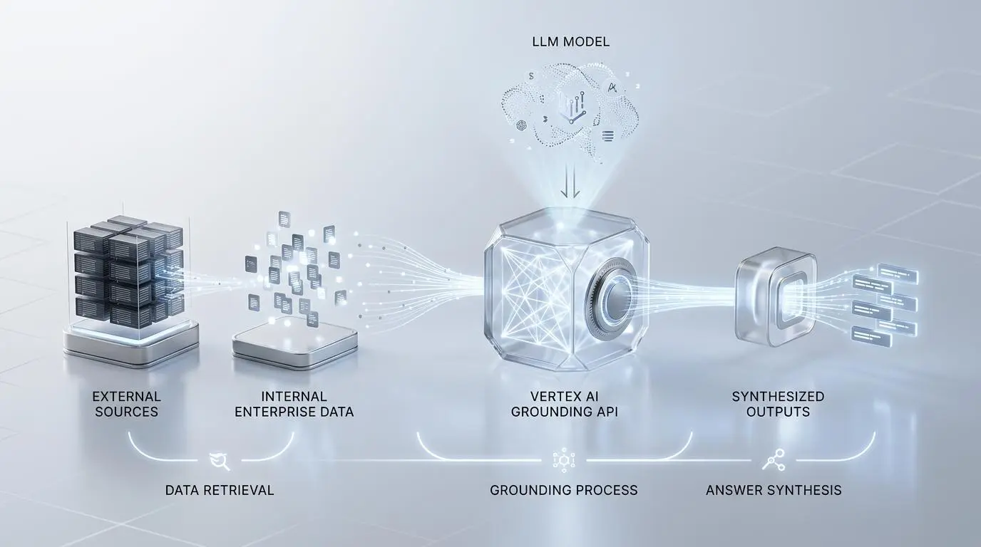 Vertex AI Grounding API architecture for LLM models, showing data synthesis from external and internal sources.