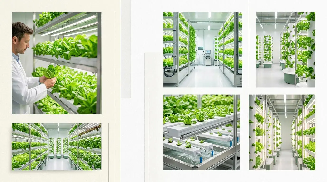Pristine vertical farms with lush greens, questioning if billionaires follow fad diets.