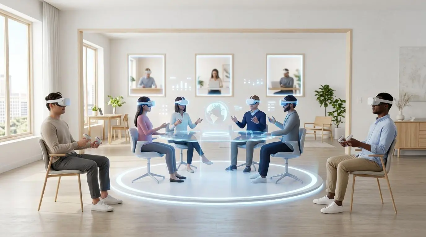 Team in VR headsets collaborating virtually to measure and improve employee morale.